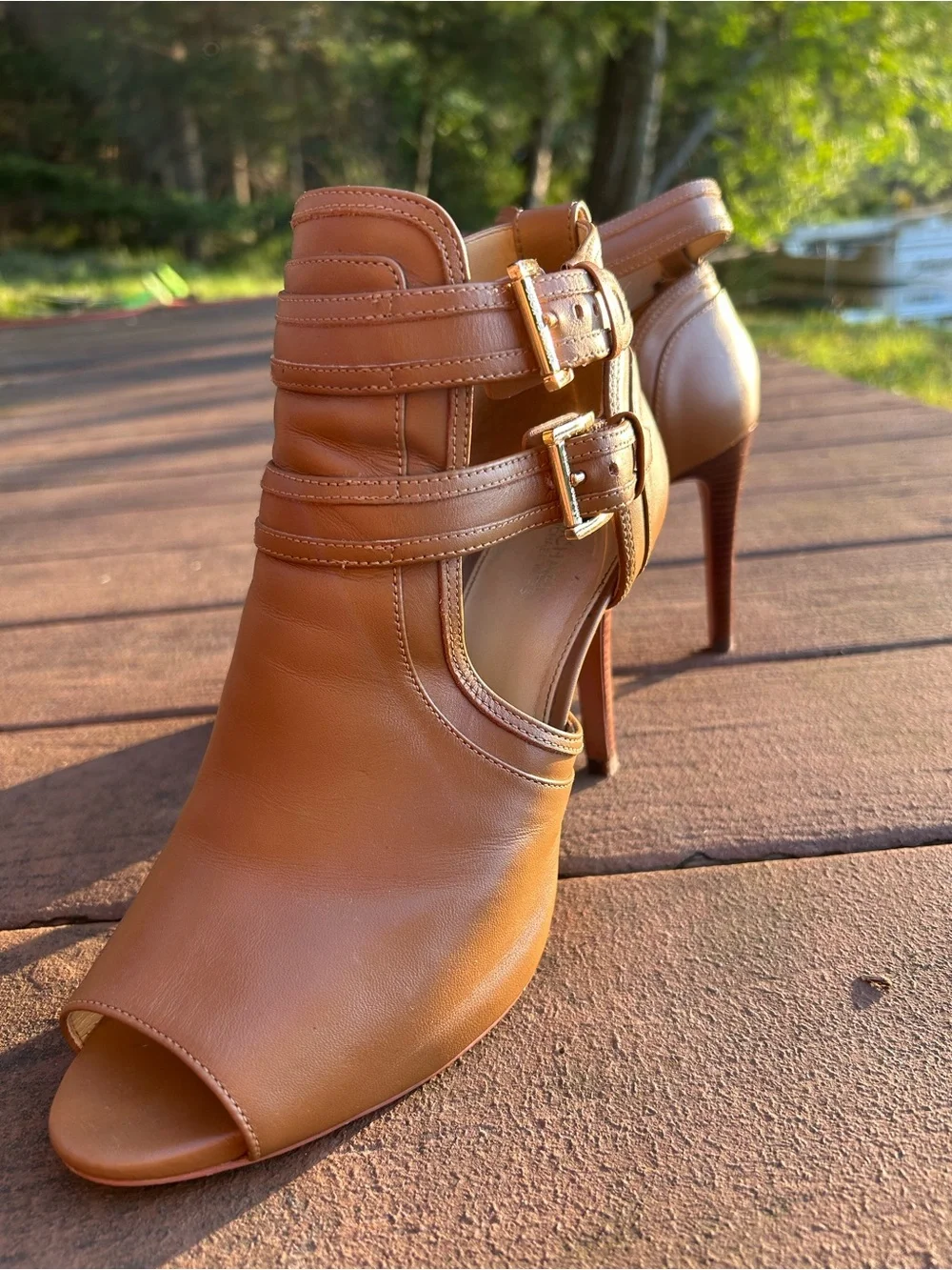 Women's Michael Kors Tan Leather Peep-Toe Heels with Buckle Straps